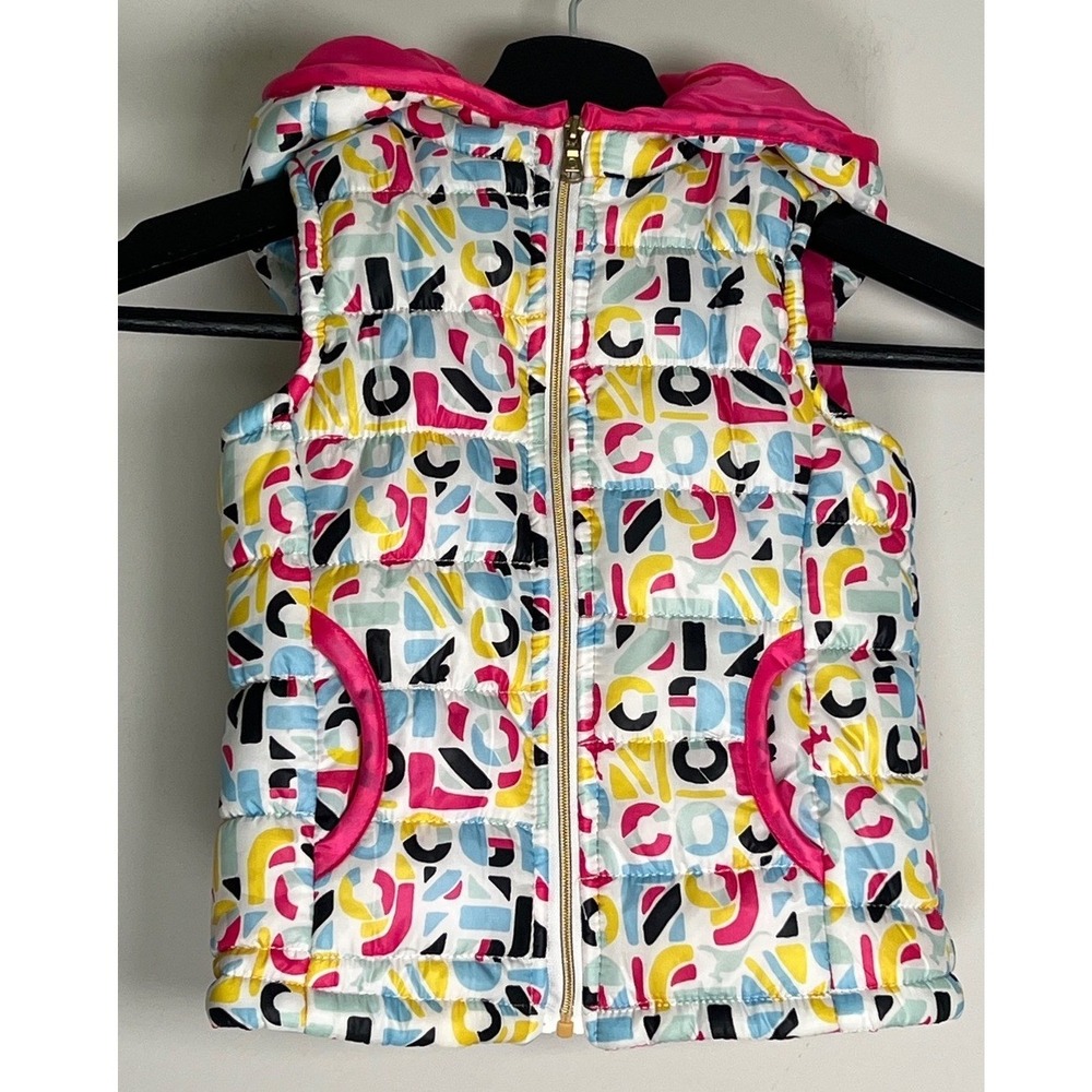 COOGI Girls Hooded Puffer Vest 18M White Pink Abstract Geometric Logo Print Zip